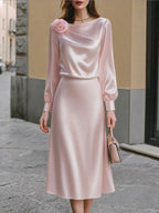 Rose-Accented Satin Draped Midi Dress