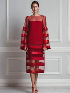 Bateau Neck Sheer Mesh Satin-Stripe Bell Sleeve Shift Midi Dress