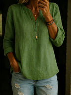 Women's Solid Color V-neck Long-sleeved Casual Loose Cotton And Linen Top