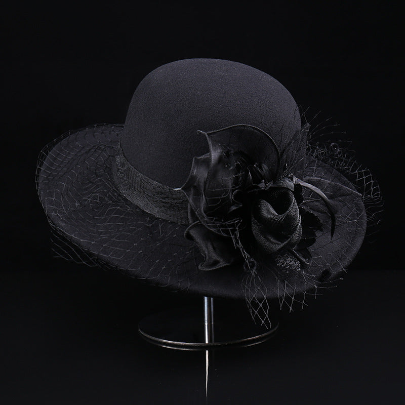 French Retro Mesh Floral Woolen Hatm