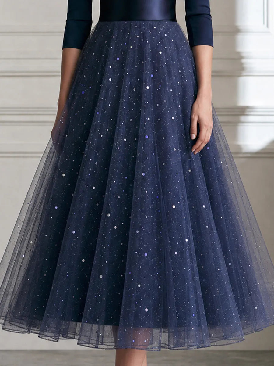 Off Shoulder Satin Sequin Tulle A Line Midi Dress
