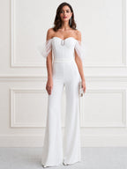 Off-Shoulder Mesh Sleeve Rhinestone Buckle Wide Leg Jumpsuit