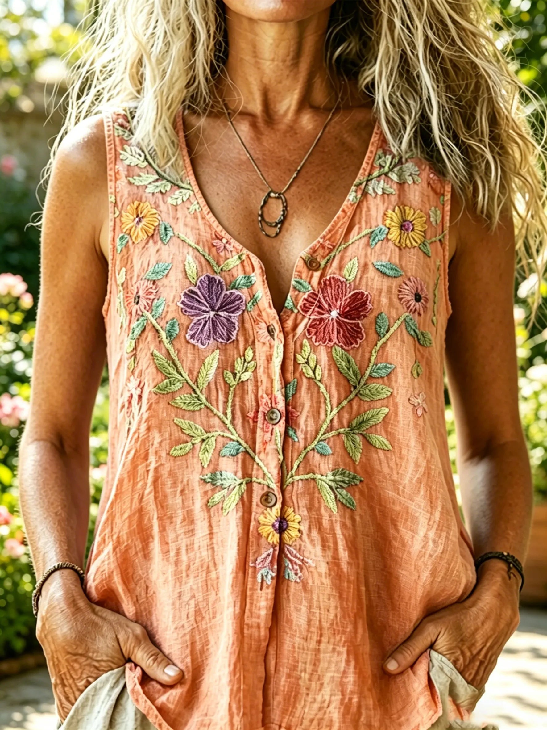 Women's Washed Solid Multicolor Floral V-Neck Button Front Sleeveless Linen Tank