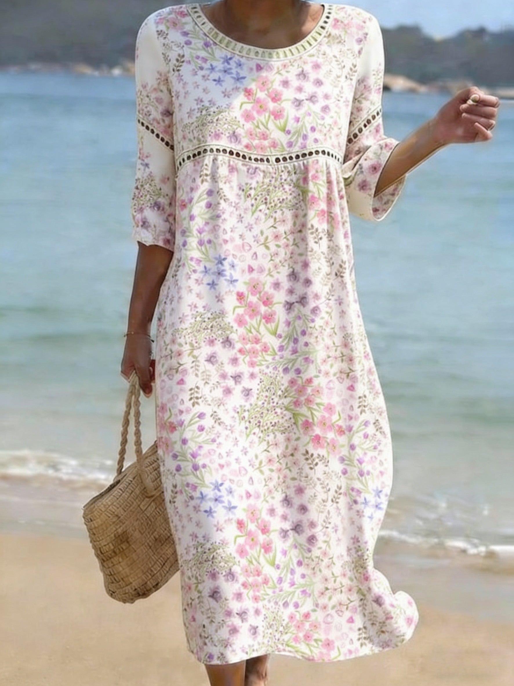 Women's Folk Flowers Print Crew Neck Cotton Pocket Dress