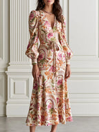 Puff Sleeve Floral Print Waist Tie Belt Midi Dress