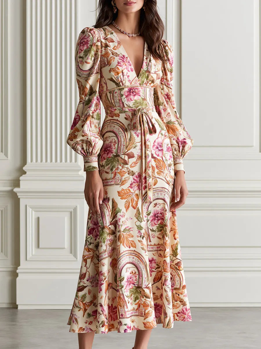 Puff Sleeve Floral Print Waist Tie Belt Midi Dress