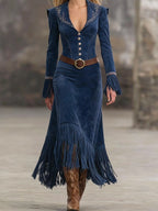 Retro Embroidered Dark Blue Faux Suede Tassel Maxi Dress(Includes belt)