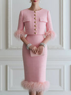 Elegant Pink Tweed Feather-Trim Two-Piece Set with Gold Buttons