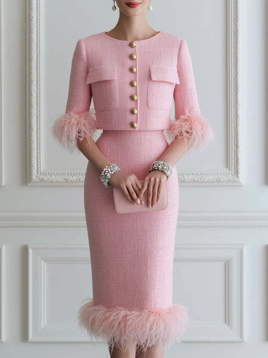 Elegant Pink Tweed Feather-Trim Two-Piece Set with Gold Buttons