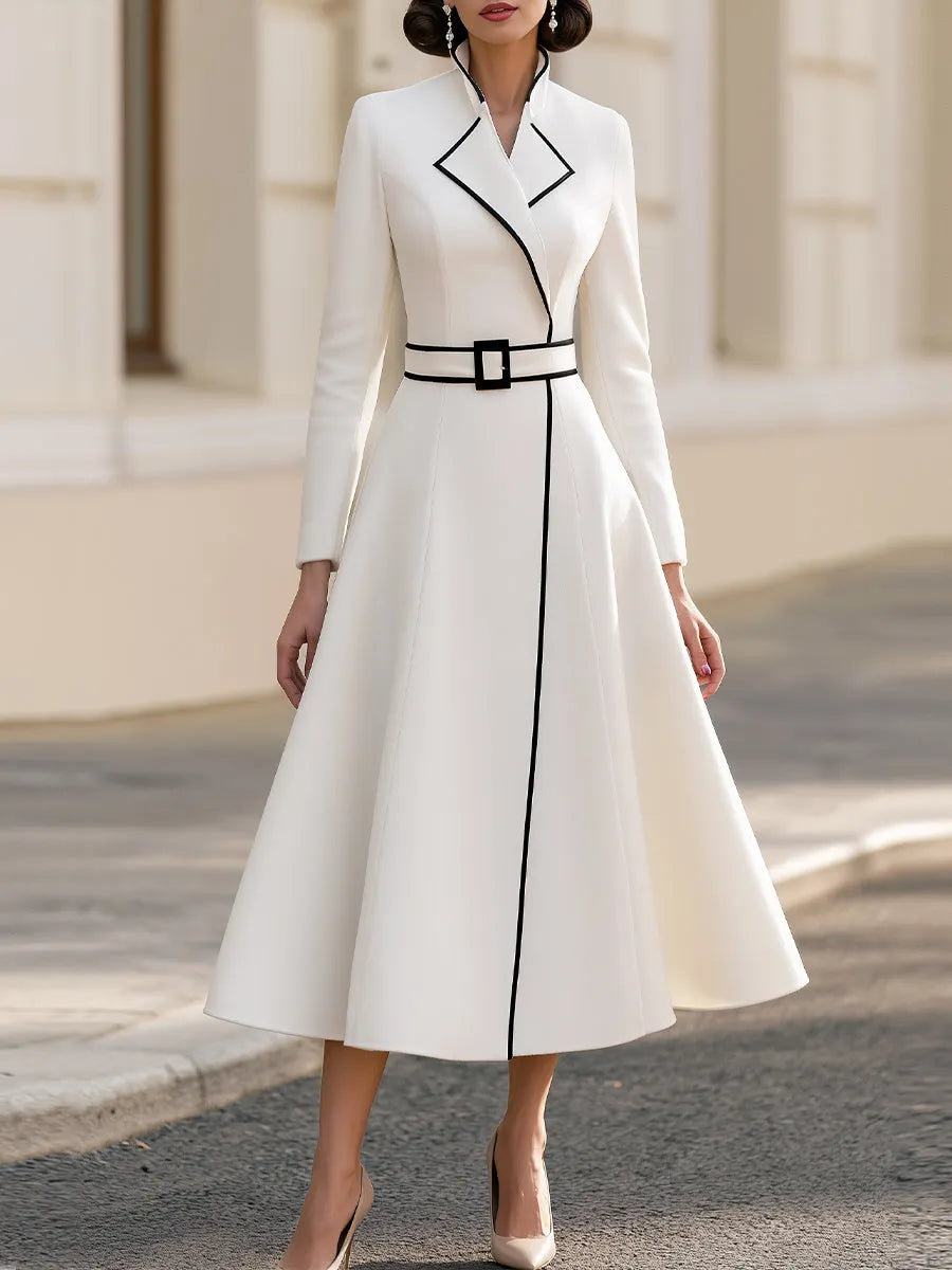 White Black Fit & Flare Midi Formal Coat Dress For Wedding Guest Occasions