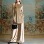 Classy Velvet Turtleneck Slit Top & Wide Leg Pants Set
