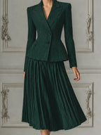 Green Pinstripe Tailored Blazer & Pleated A-Line Midi Skirt Two-Piece Suit Set