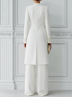Stand Collar Gold Button Longline Blazer & Wide-Leg Pants Two-Piece Suit Set
