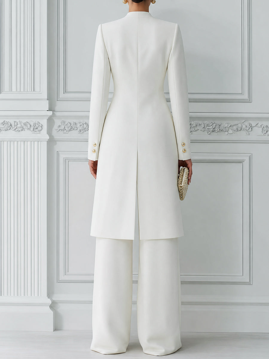 Stand Collar Gold Button Longline Blazer & Wide-Leg Pants Two-Piece Suit Set