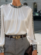 Satin Pleated Snake-Print Trim Blouse