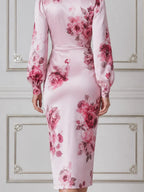 Pink Floral Dress Fall Wedding Guest Dress Satin Wrap Midi Dress