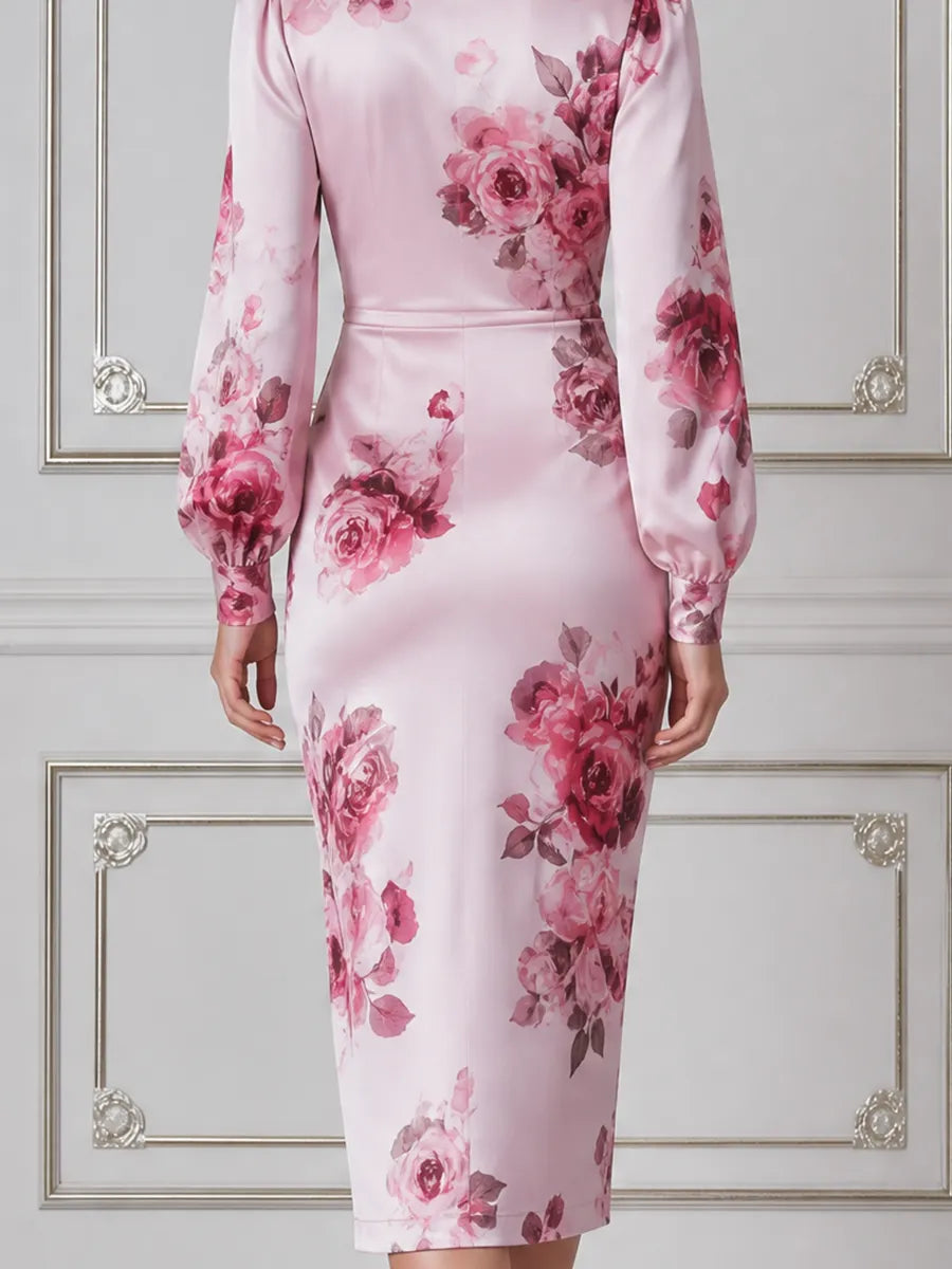 Pink Floral Dress Fall Wedding Guest Dress Satin Wrap Midi Dress
