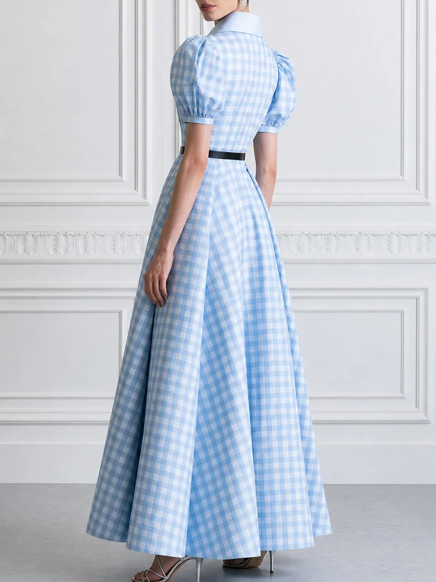 Gingham Check Puff Sleeve Maxi Shirt Dress with Belt