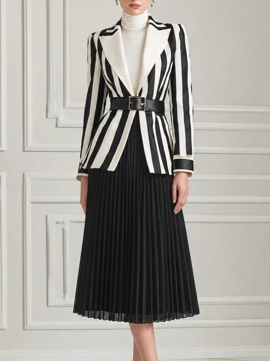 Black White Vertical Stripe Tailored Blazer & Pleated Midi Skirt Two-Piece Suit Set