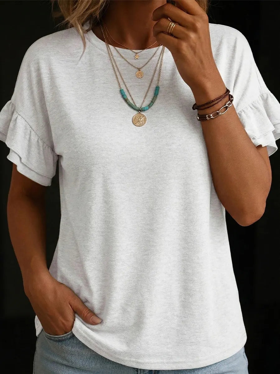Women's Crew Neck Ruffle Sleeves Cotton Linen Top