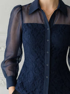 Navy Lace Sheer Sleeve Button Front Blouse
