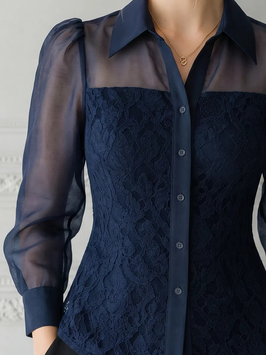 Navy Lace Sheer Sleeve Button Front Blouse