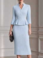 Stand Collar Peplum Jacket & Midi Pencil Skirt Waffle Suit
