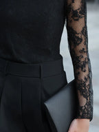 Sheer Long-Sleeve Lace High-Neck Blouse