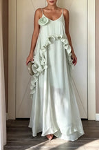 Women's Casual Loose Ruffle 3D Flower Decoration Maxi Dress