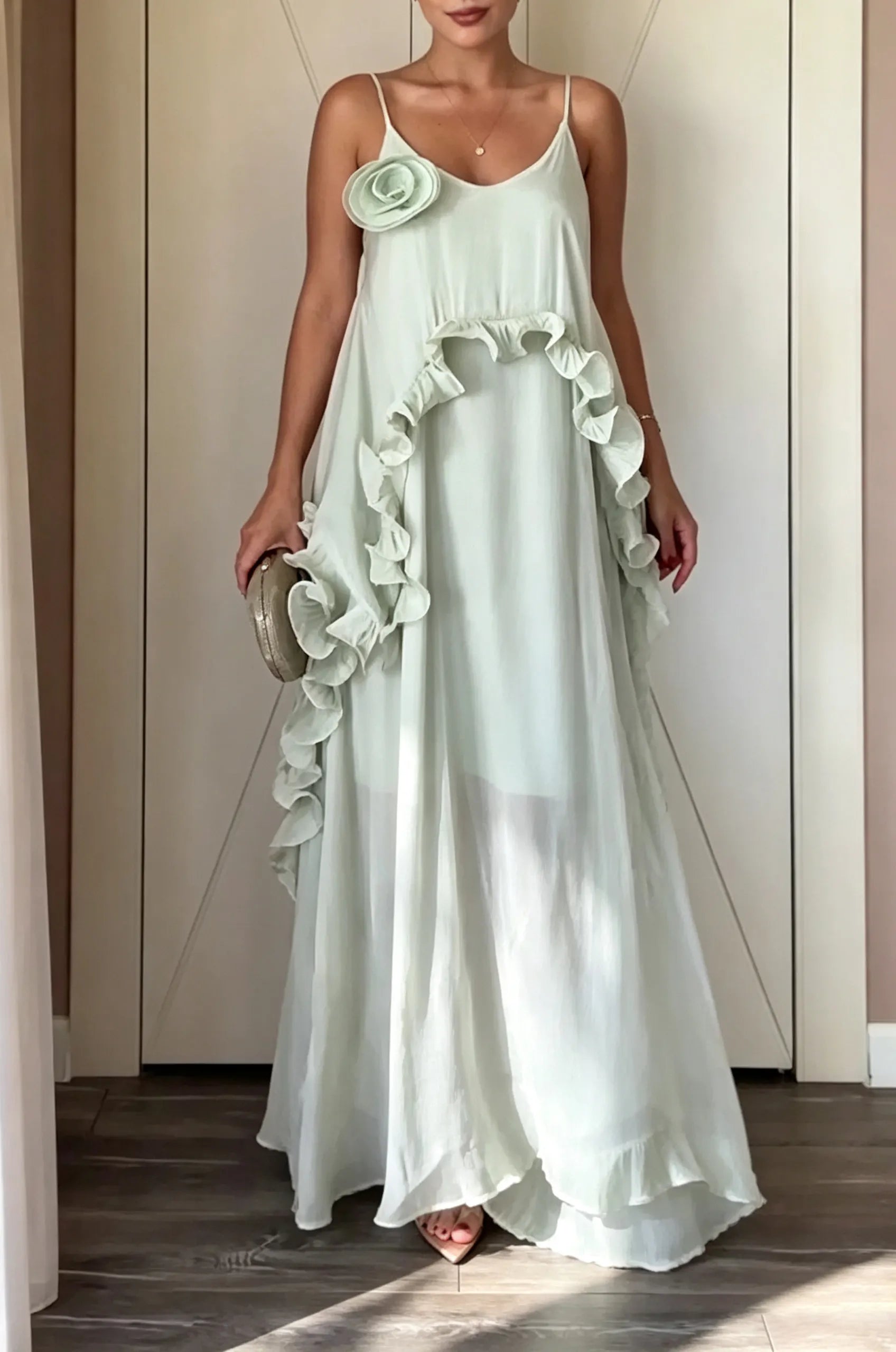 Women's Casual Loose Ruffle 3D Flower Decoration Maxi Dress