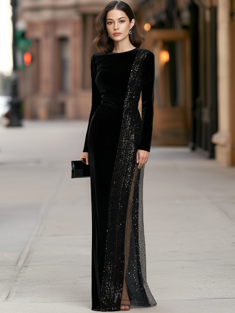 Asymmetric Side Sequin Panel Velvet Maxi Dress