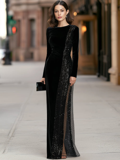 Asymmetric Side Sequin Panel Velvet Maxi Dress