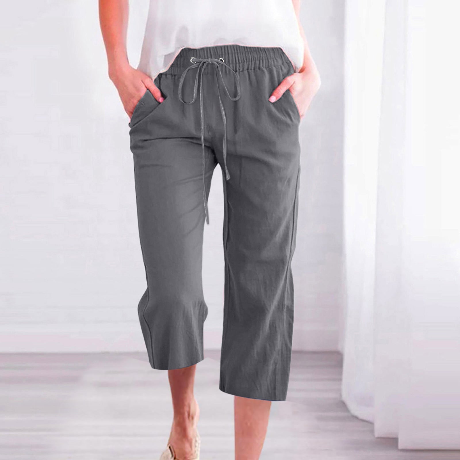 Women's Casual Summer Linen Pants High Waisted Loose Yoga Sweatpants Crop Pants with Pockets