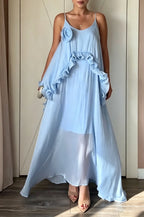 Women's Casual Loose Ruffle 3D Flower Decoration Maxi Dress