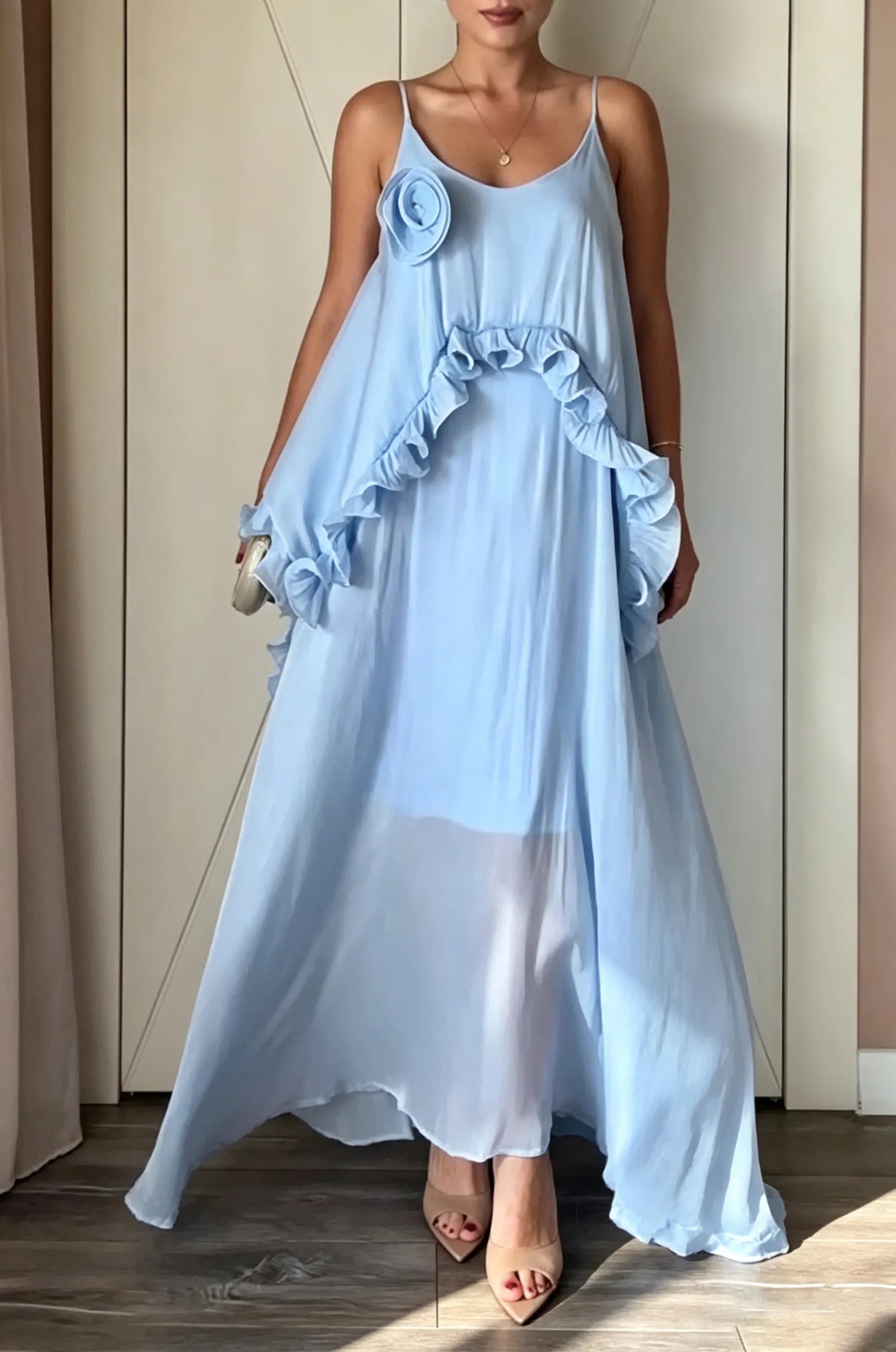 Women's Casual Loose Ruffle 3D Flower Decoration Maxi Dress