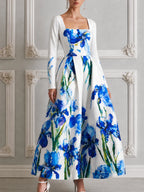 White Watercolor Blue Iris Print Square Neck Long Sleeve A-Line Maxi Dress