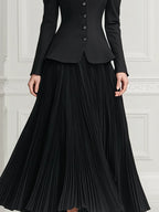 Black Stand Collar Puff Shoulder Tailored Jacket & Pleated Maxi Skirt Two-Piece Set