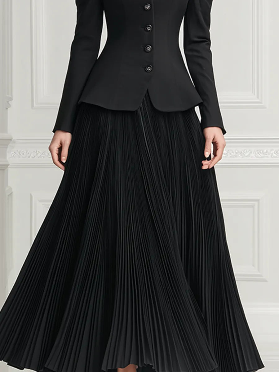 Black Stand Collar Puff Shoulder Tailored Jacket & Pleated Maxi Skirt Two-Piece Set