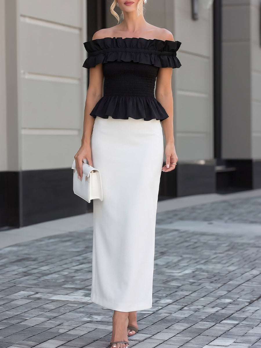 Off-Shoulder Ruffled Peplum Top & White High-Waisted Maxi Pencil Skirt Two-Piece Set