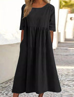 2025 spring and summer new round neck 5-quarter sleeve large size loose long cotton and linen dress