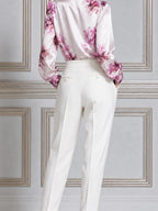 Ivory Pink Floral Satin Blouse & Pleated Tapered Trousers Set