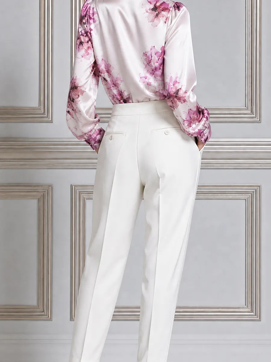 Ivory Pink Floral Satin Blouse & Pleated Tapered Trousers Set