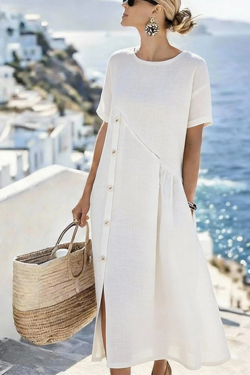 Button-decorated Pleated Pocket Midi Dress