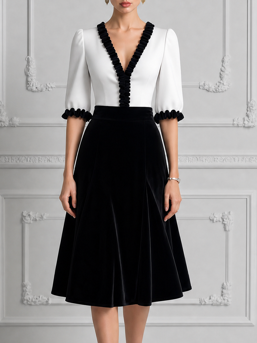 White Black Contrast Ruffle V Neck Velvet A-Line Midi Dress