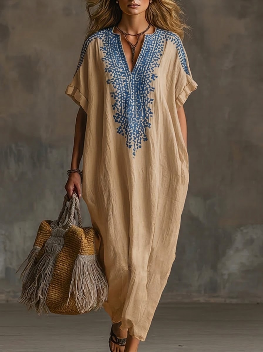Casual Loose-fitting Linen And Cotton Long Dress