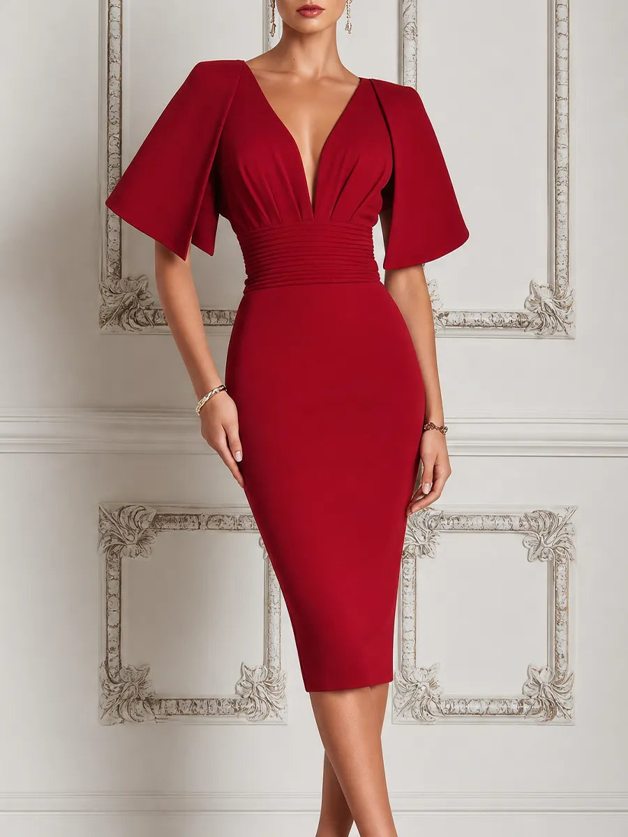 Red Dress Fall Wedding Guest Dress Pleated Waist Pencil Midi Dress