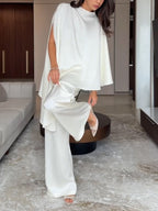 White Satin Irregular Top And Pants Two-piece Set