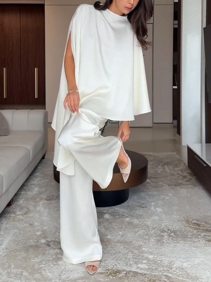 White Satin Irregular Top And Pants Two-piece Set