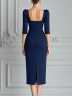 Navy Dress Fall Wedding Guest Dress Embellished Square Neck Pencil Midi Dress