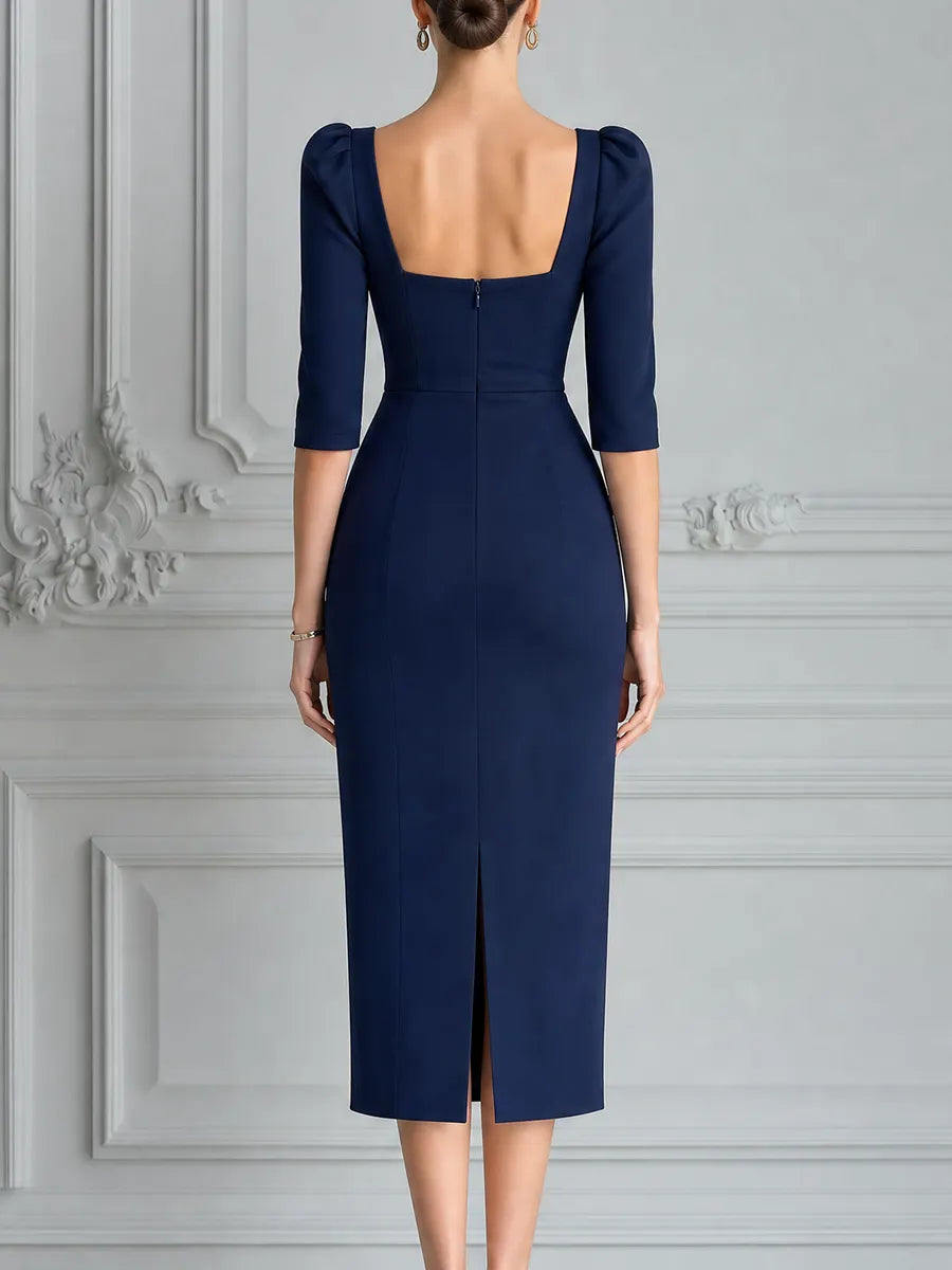 Navy Dress Fall Wedding Guest Dress Embellished Square Neck Pencil Midi Dress